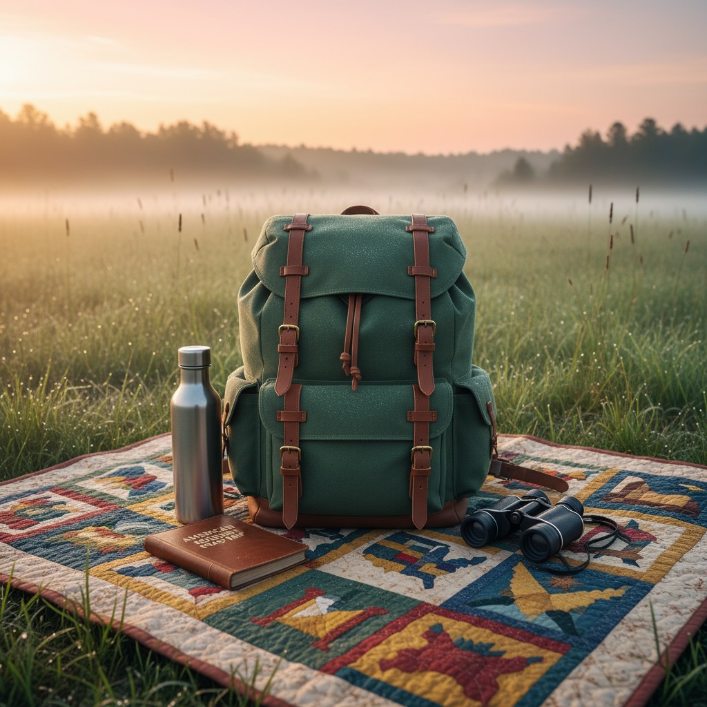 A backpack, water bottle, binoculars, and a book sit on a colorful quilted mat in a grassy meadow with trees and a sunrise.