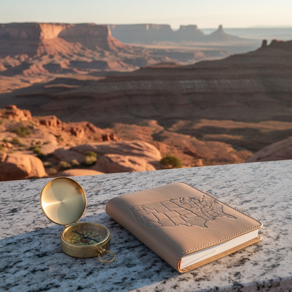 A view of a desert landscape, featuring a folded beige map sitting next to an open compass on a stone table.